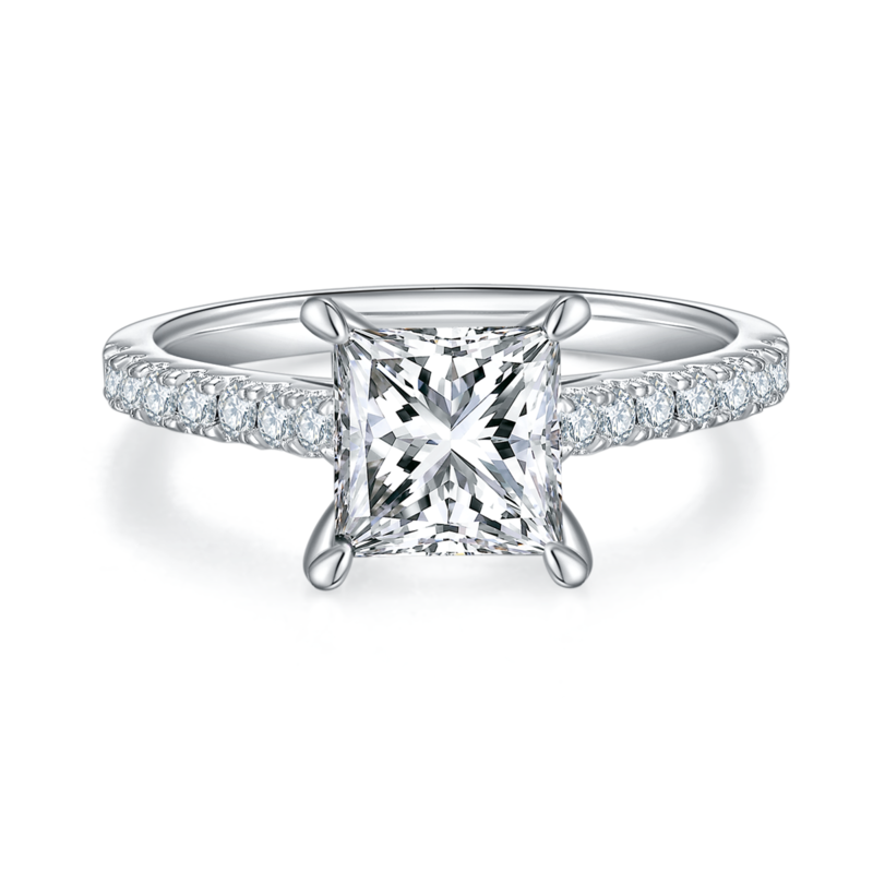 微镶正方形S925银镀白金MoissaniteWomen's Ring2.0ctD级